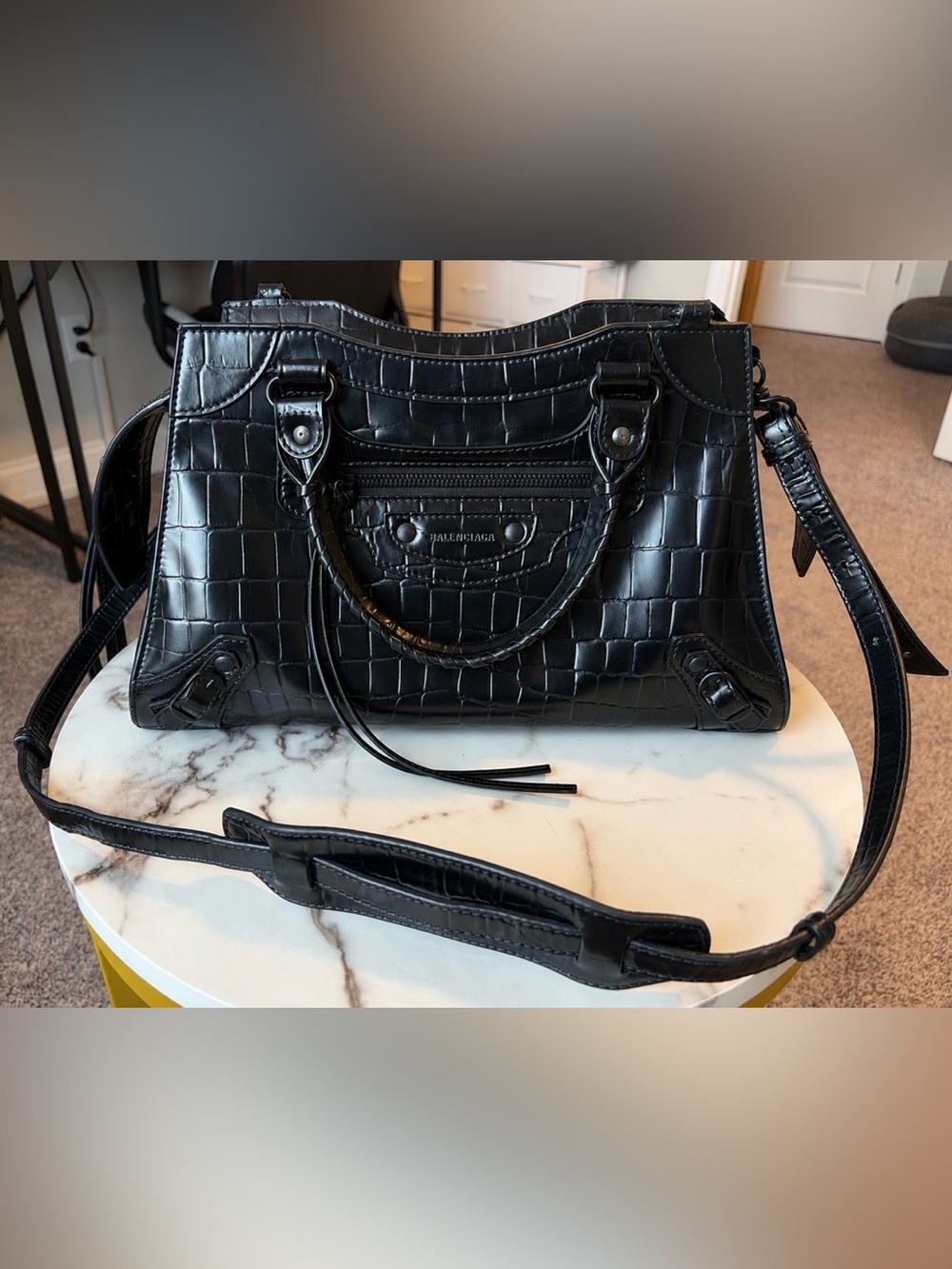 Balenciaga Black Croc-Embossed Leather Satchel with Top Handles